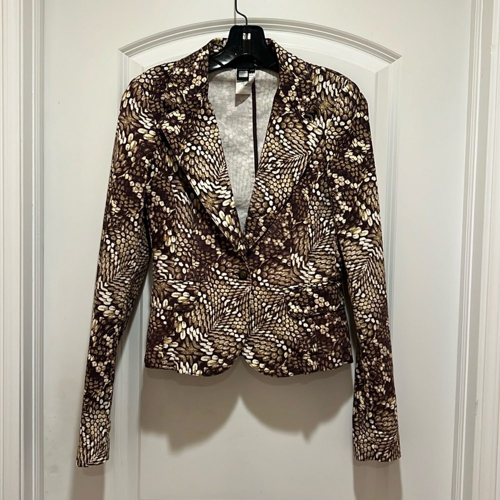Just Cavalli Brown Ivory Geometric Print Fitted Cotton Blazer SZ XS 0 2